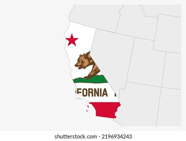 US state California map highlighted in California flag colors, gray map with neighboring usa states.