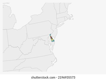 US state Delaware map highlighted in Delaware flag colors, gray map with neighboring usa states.
