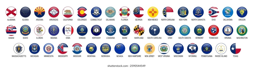 US state flag buttons vector set