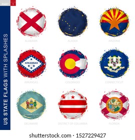 US State flag collection, round grunge flag with splashes. 9 vector flags: Alabama, Alaska, Arizona, Arkansas, Colorado, Connecticut, Delaware, District of Columbia, Florida