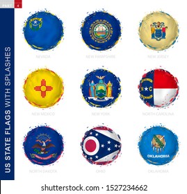 US State flag collection, round grunge flag with splashes. 9 vector flags: Nevada, New Hampshire, New Jersey, New Mexico, New York, North Carolina, North Dakota, Ohio, Oklahoma