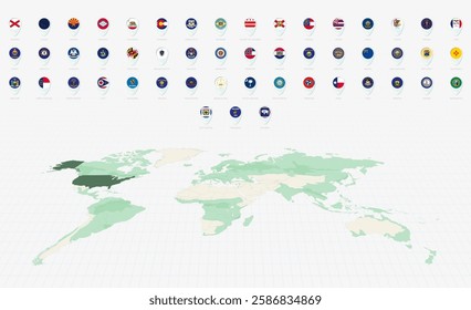 US State Flags Collection, Blue pin icon design. Minimalist USA state Flags and World Map Representation. Vector Collection.