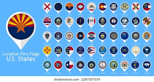 US state flags with location pin. Collection of 50. Vector illustration.