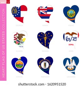 Сollection of US State flags in the shape of a heart. 9 heart icon with state flag of Georgia, Hawaii, Idaho, Illinois, Indiana, Iowa, Kansas, Kentucky, Louisiana