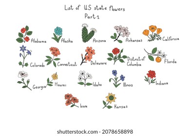 US state flowers isolated vector symbols