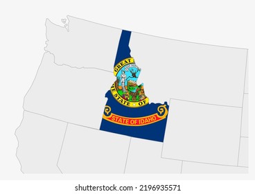 US state Idaho map highlighted in Idaho flag colors, gray map with neighboring usa states.