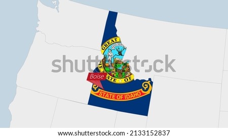 US State Idaho map highlighted in Idaho flag colors and pin of country capital Boise, map with neighboring States.