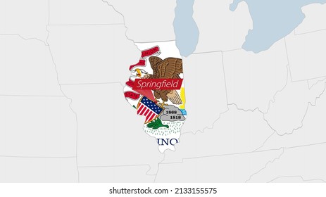 US State Illinois map highlighted in Illinois flag colors and pin of country capital Springfield, map with neighboring States.