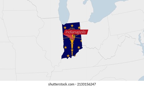 US State Indiana Map Highlighted In Indiana Flag Colors And Pin Of Country Capital Indianapolis, Map With Neighboring States.