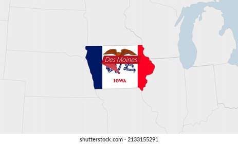 US State Iowa map highlighted in Iowa flag colors and pin of country capital Des Moines, map with neighboring States.