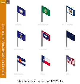 US state Isometric flag set, Flagpole in Isometric dimension. Collection of nine 3D vector US state flag.