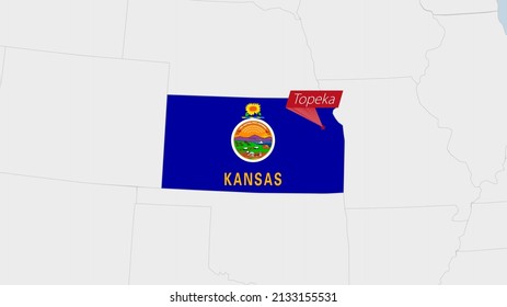 US State Kansas map highlighted in Kansas flag colors and pin of country capital Topeka, map with neighboring States.