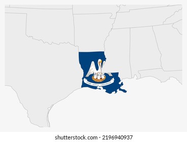 US state Louisiana map highlighted in Louisiana flag colors, gray map with neighboring usa states.