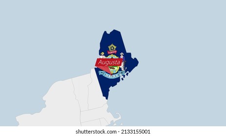 US State Maine map highlighted in Maine flag colors and pin of country capital Augusta, map with neighboring States.