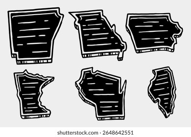 US State Map Collection– Vector Illustration Arkansas, Missouri, Iowa, Minnesota, Wisconsin, Illinois