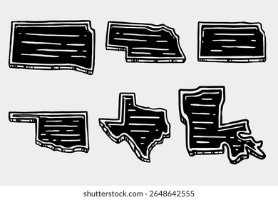 US State Map Collection– Vector Illustration South Dakota, Nebraska, Kansas, Oklahoma, Texas, Louisiana