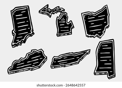 US State Map Collection– Vector Illustration Indiana, Michigan, Ohio, Kentucky, Tennessee, Mississippi