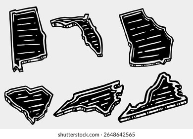 US State Map Collection– Vector Illustration Alabama, Florida, Georgia, South Carolina, North Carolina, Virginia