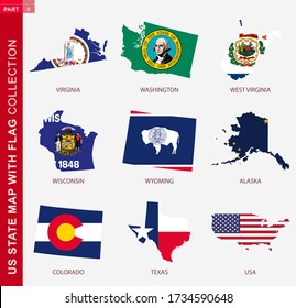 US State Maps with flag collection, nine USA map contour with flag of Virginia, Washington, West Virginia, Wisconsin, Wyoming, Alaska, Colorado, Texas, USA