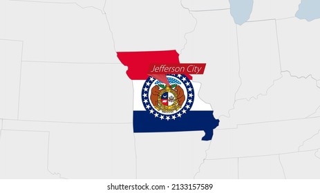 US State Missouri map highlighted in Missouri flag colors and pin of country capital Jefferson City, map with neighboring States.
