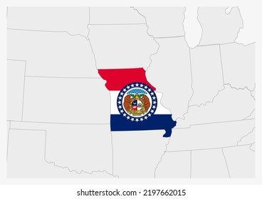 US state Missouri map highlighted in Missouri flag colors, gray map with neighboring usa states.