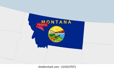 US State Montana map highlighted in Montana flag colors and pin of country capital Helena, map with neighboring States.