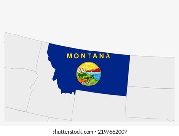 US state Montana map highlighted in Montana flag colors, gray map with neighboring usa states.