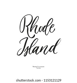 US state name, Rhode Island, States of the United States, vector name, isolated on white background, brush lettering, modern calligraphy, hand writing