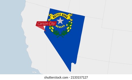 US State Nevada map highlighted in Nevada flag colors and pin of country capital Carson City, map with neighboring States.