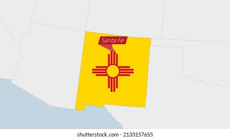 US State New Mexico map highlighted in New Mexico flag colors and pin of country capital Santa Fe, map with neighboring States.