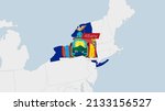 US State New York map highlighted in New York flag colors and pin of country capital Albany, map with neighboring States.