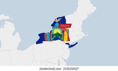 US State New York map highlighted in New York flag colors and pin of country capital Albany, map with neighboring States.