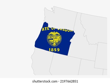 Mapa de Oregon, estado de EE.UU., resaltado en los colores de la bandera de Oregón, mapa gris con estados vecinos de ee.uu.