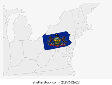 US state Pennsylvania map highlighted in Pennsylvania flag colors, gray map with neighboring usa states.