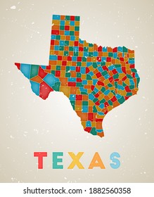 Mapa de Texas. Afiche del estado de EEUU con regiones de colores. Vieja textura gruesa. Ilustración vectorial de Texas con el nombre de estado de ee.uu.