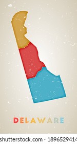 US state poster with colored regions. Old grunge texture. Vector illustration of Delaware with US state name.