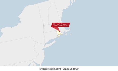 US State Rhode Island map highlighted in Rhode Island flag colors and pin of country capital Providence, map with neighboring States.
