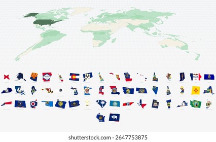 US State Shapes with Flags on a Highlighted World Map. Vector Map Collection.