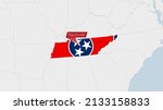 US State Tennessee map highlighted in Tennessee flag colors and pin of country capital Nashville, map with neighboring States.