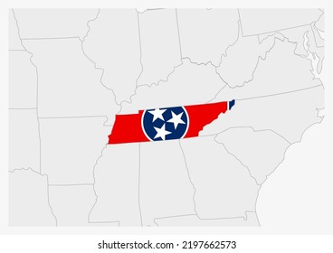 US state Tennessee map highlighted in Tennessee flag colors, gray map with neighboring usa states.