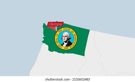 US State Washington Karte hervorgehoben in Washington Flaggenfarben und Pin der Landeshauptstadt Olympia, Karte mit Nachbarstaaten.