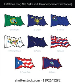 US States Flag Set - East States, Free Associated and Unincorporated Territories. Washington State, Oregon, Nevada, California, Alaska, Hawaii, Puerto Rico, Guam n US Virgin Islands flags are included