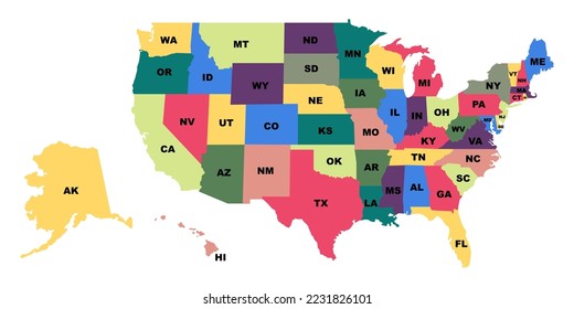 Ilustración de los Estados Unidos. Mapa de EEUU con estados. Cincuenta estados de América. Mapa estadounidense en color. Ilustración vectorial de acciones