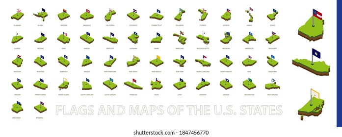 US States Isometric Map and Flag Collection. All US State maps and flags. Vector collection.