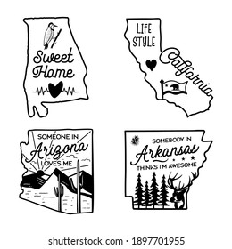 US states line art logo designs set. Camping adventure badges emblems. American labels bundle - Arizona, Alabama, Arkansas, California. Silhouette linear concept. Stock vector collection.