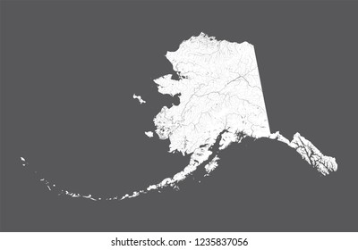 U.S. states - map of Alaska. Hand made. Rivers and lakes are shown. Please look my other images of cartographic series - they are all very detailed and carefully drawn by hand WITH RIVERS AND LAKES.