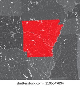 U.S. states - map of Arkansas. Hand made. Rivers and lakes are shown. Please look my other images of cartographic series - they are all very detailed and carefully drawn by hand WITH RIVERS AND LAKES.