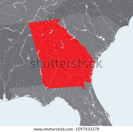 U.S. states - map of Georgia. Rivers and lakes are shown. Please look at my other images of cartographic series - they are all very detailed and carefully drawn by hand WITH RIVERS AND LAKES.