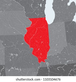 U.S. states - map of Illinois state with paper cut effect. Rivers and lakes are shown. Please look my other images of cartographic series - they are all very detailed and carefully drawn by hand