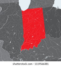 U.S. states - map of Indiana. Hand made. Rivers and lakes are shown. Please look my other images of cartographic series - they are all very detailed and carefully drawn by hand WITH RIVERS AND LAKES.